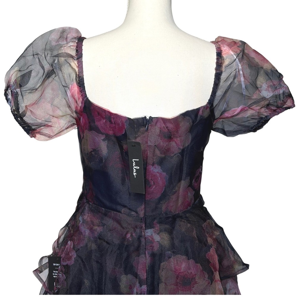 Lulus Floral Organza Tiered Midi Dress Puff Sleeve Wedding Guest Navy Pink M NWT - Picture 5 of 7